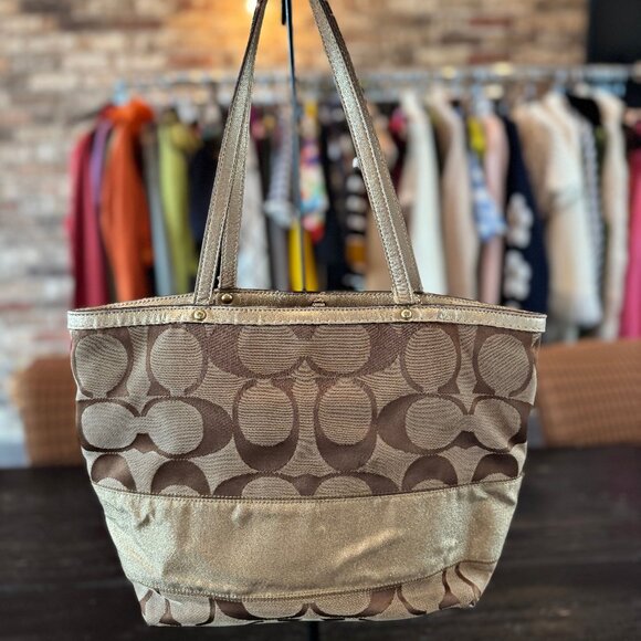 Coach Signature Print Brown with Gold Stripe Tote Bag - Picture 1 of 6